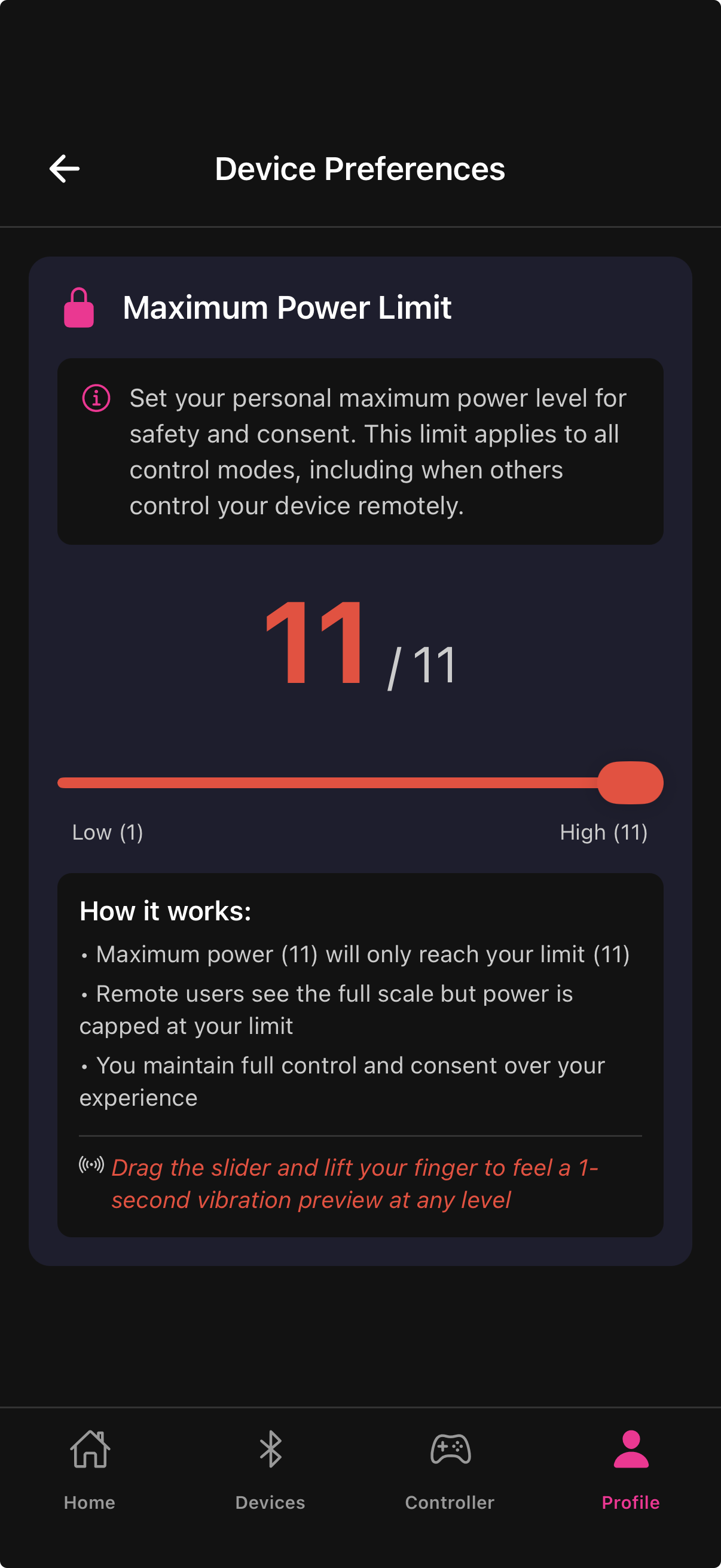 Max Power Level slider screen