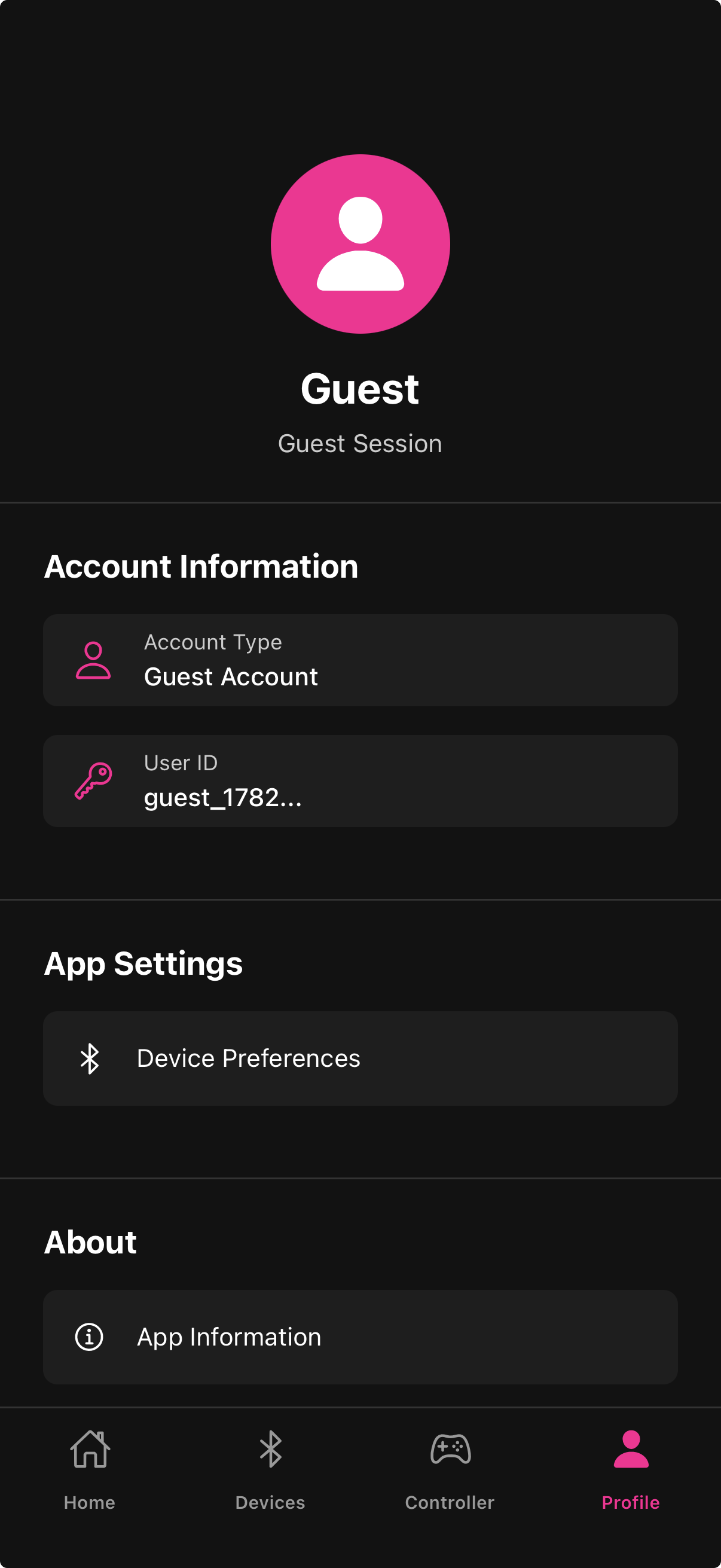 Profile tab main screen