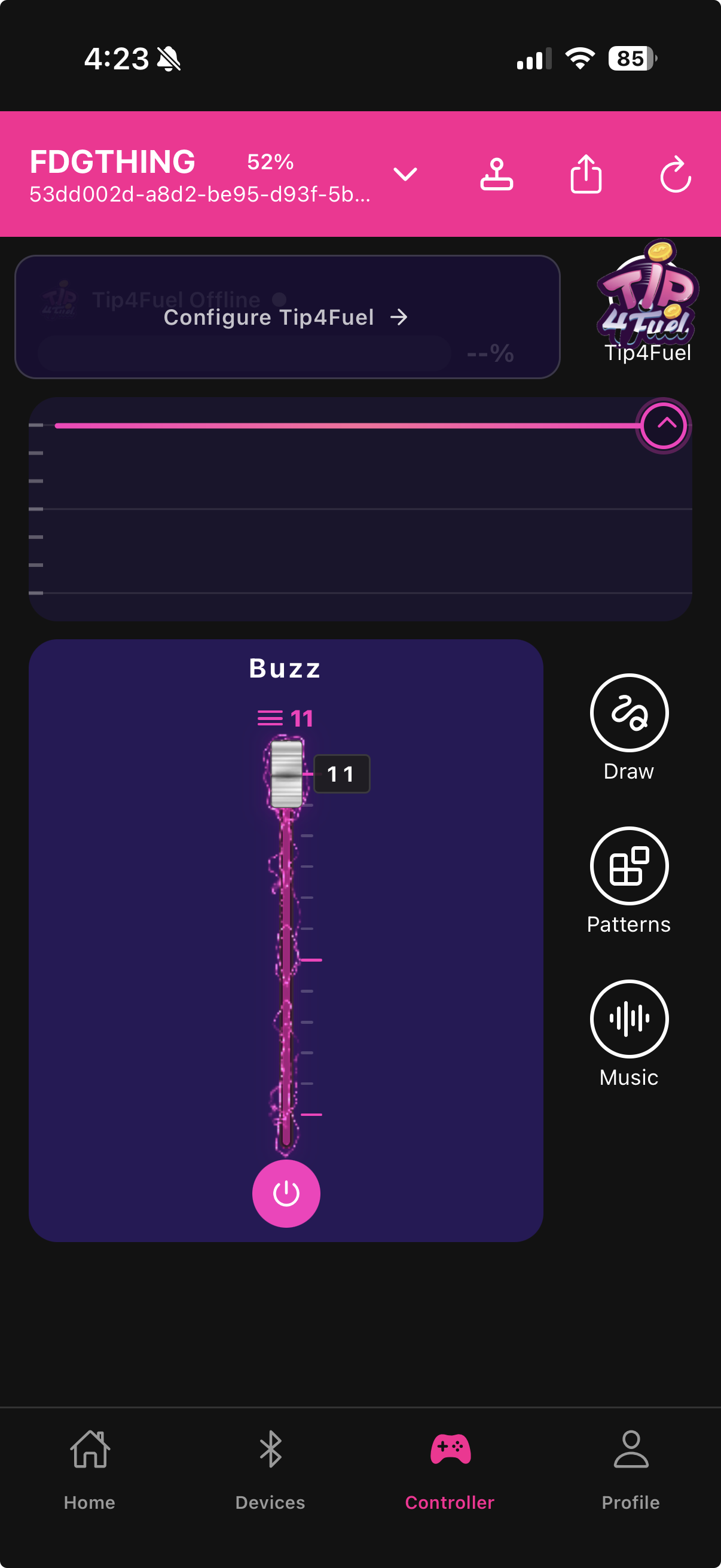 Controller screen with joystick dragged to high intensity showing Burn Mode glow