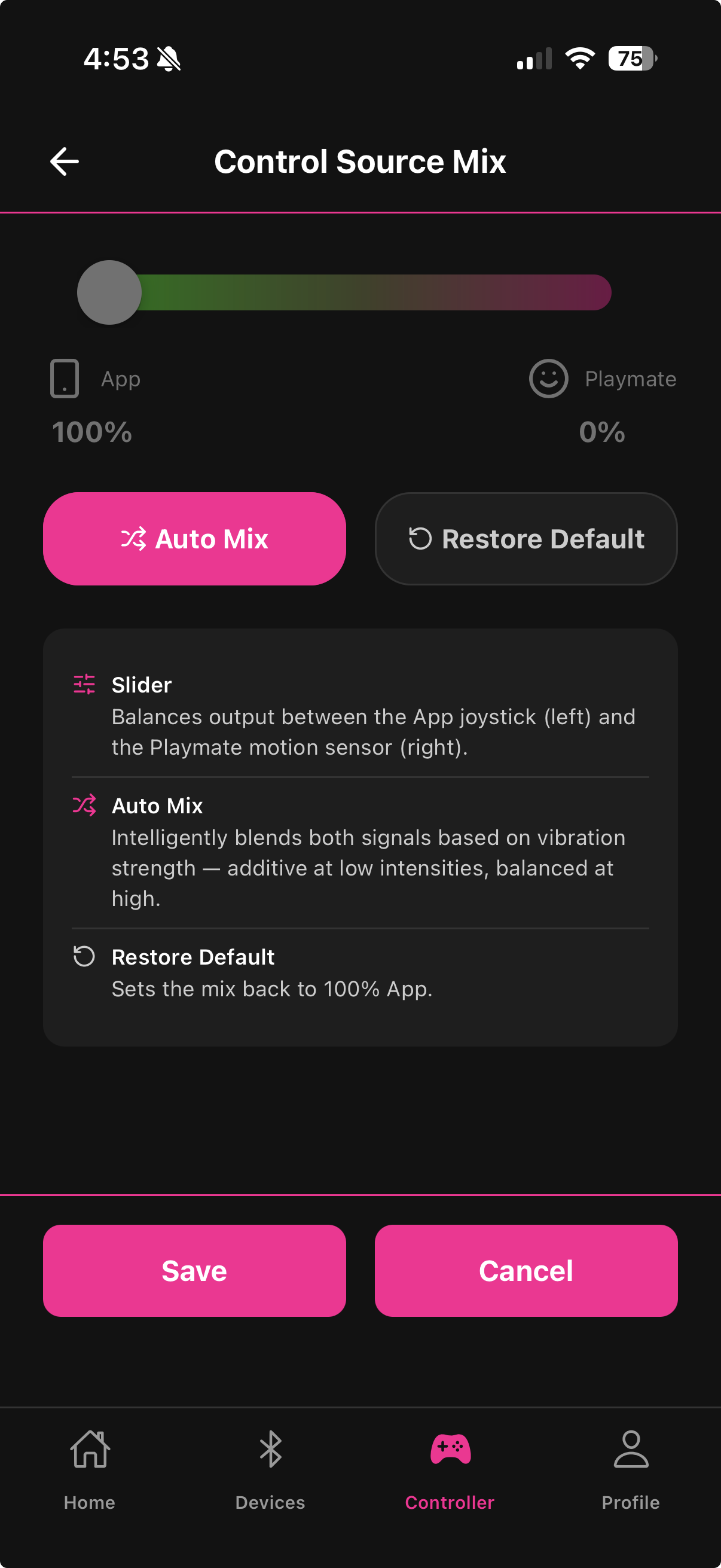 Control Source Mix screen