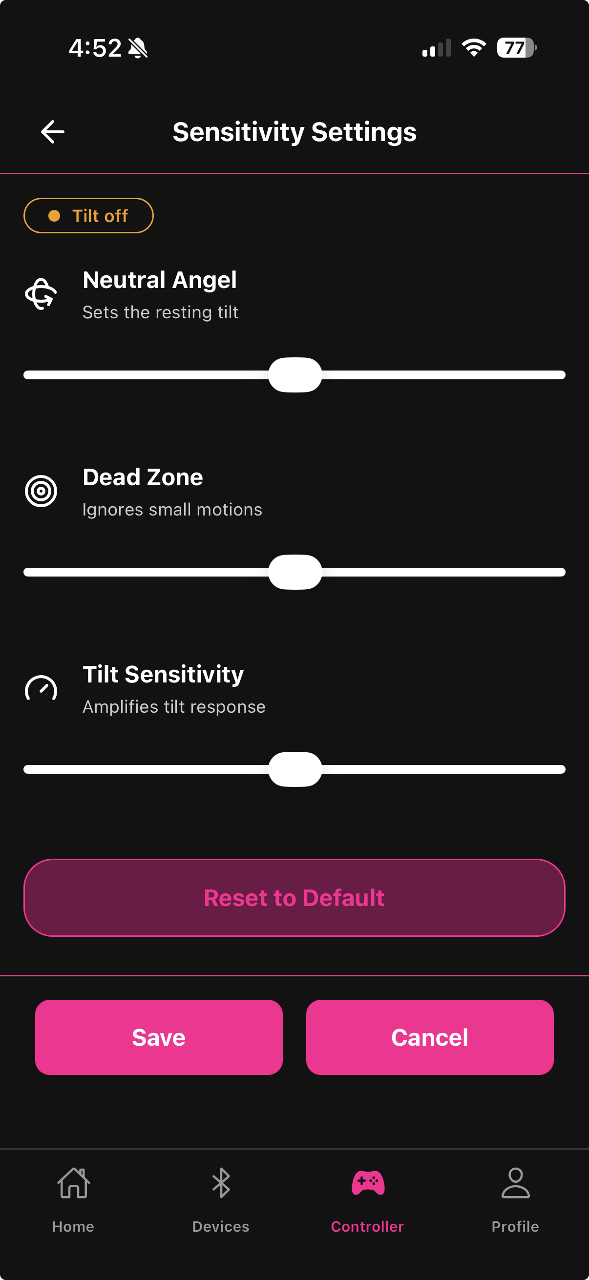 Sensitivity Settings screen