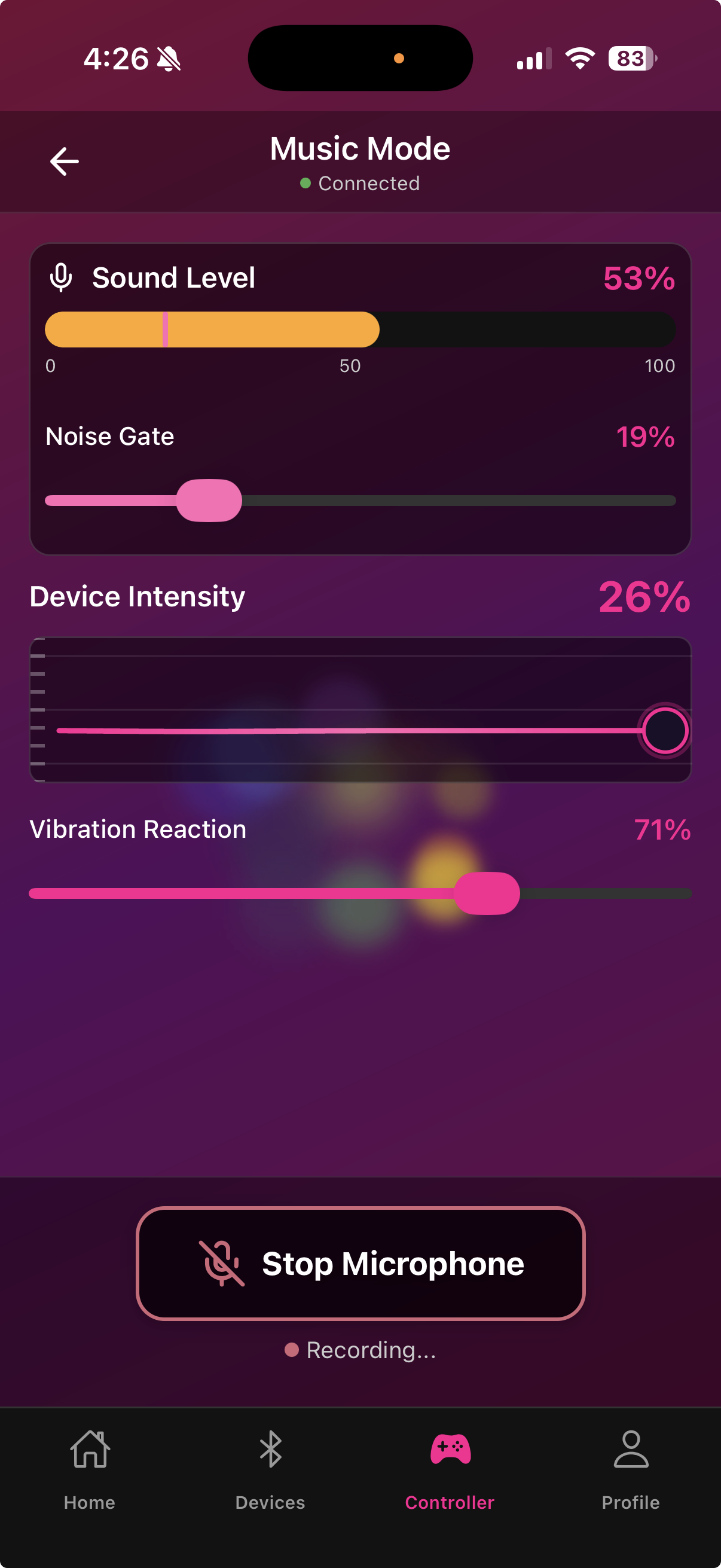Music Mode screen with waveform visualization