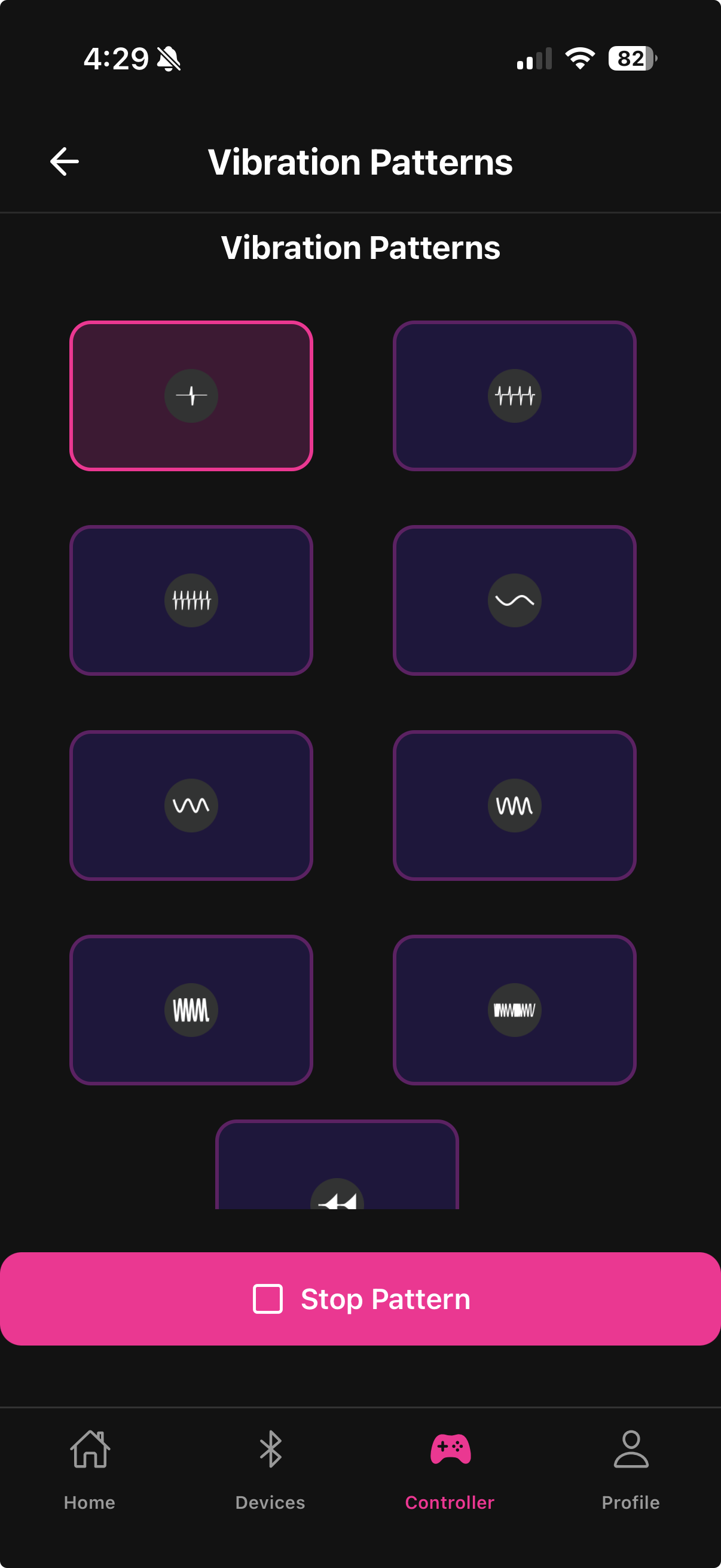 Pattern Playback screen showing built-in patterns