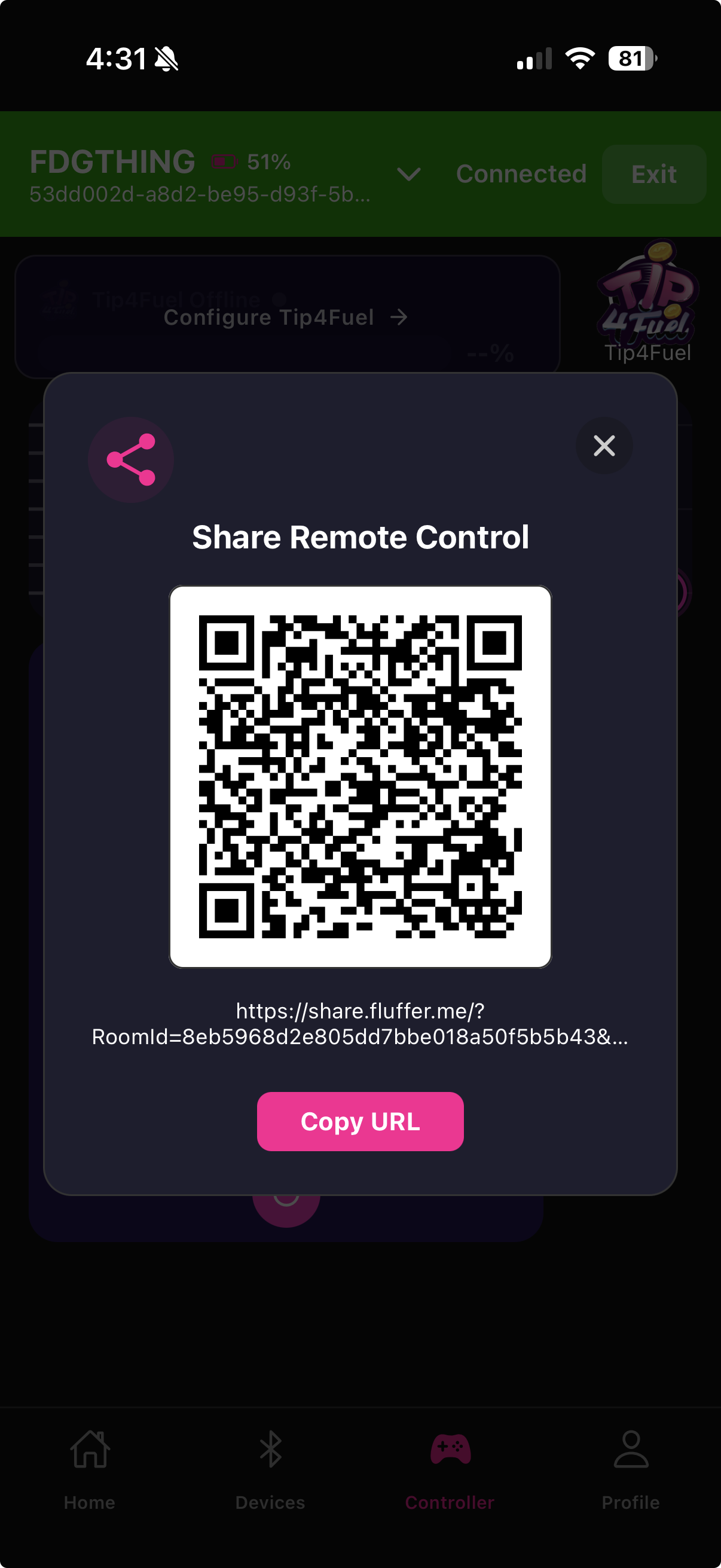 Remote sharing modal with generated link and QR code