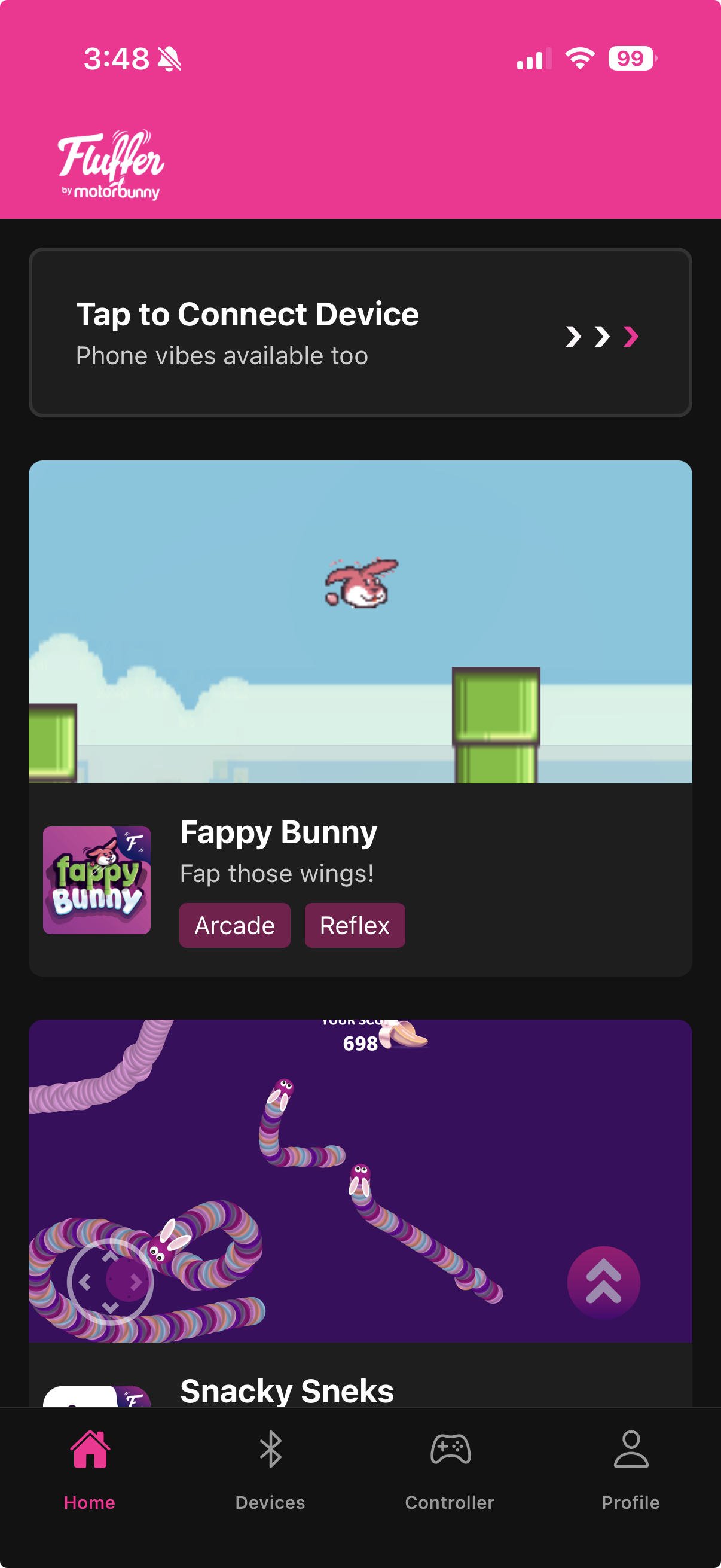 App home screen showing game list