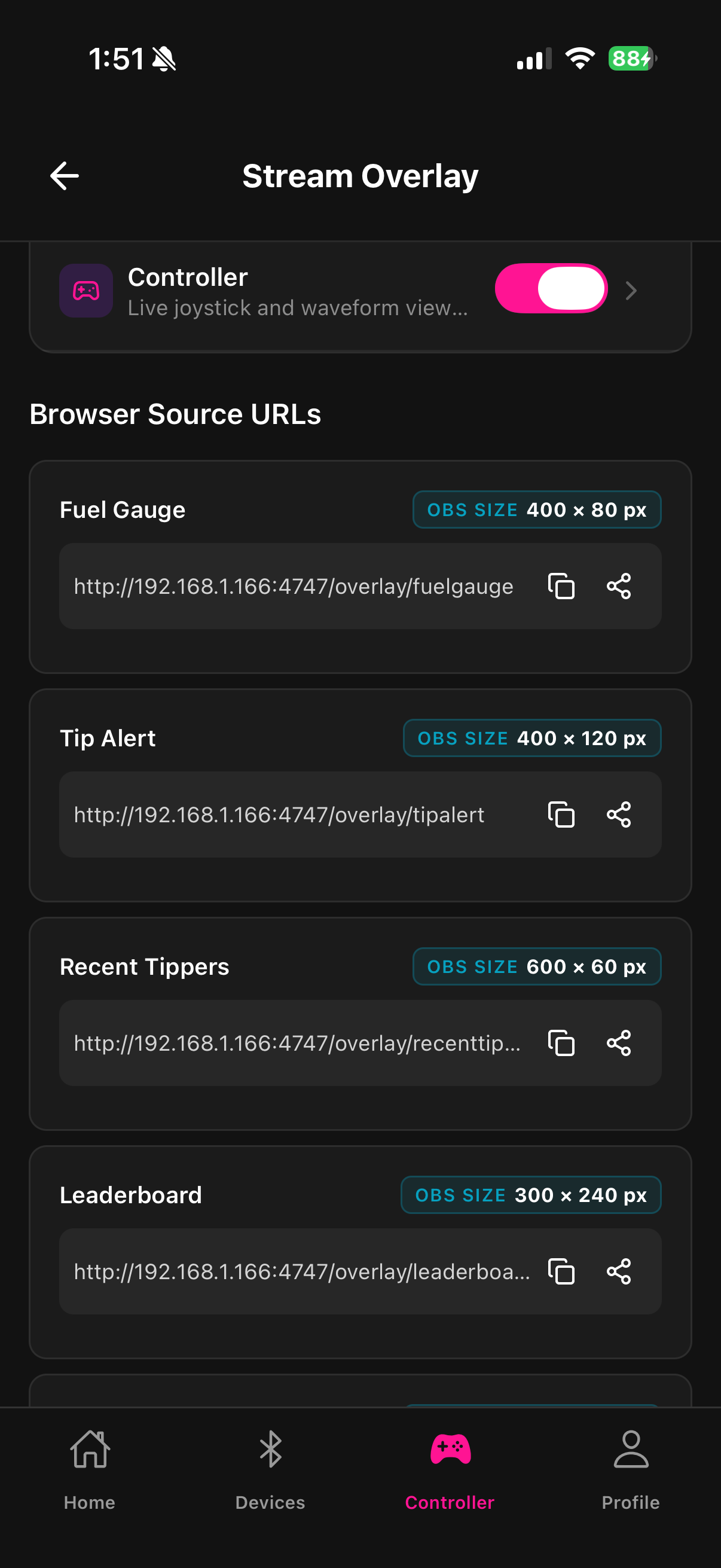 Fluffer app OBS screen showing all widget URL cards