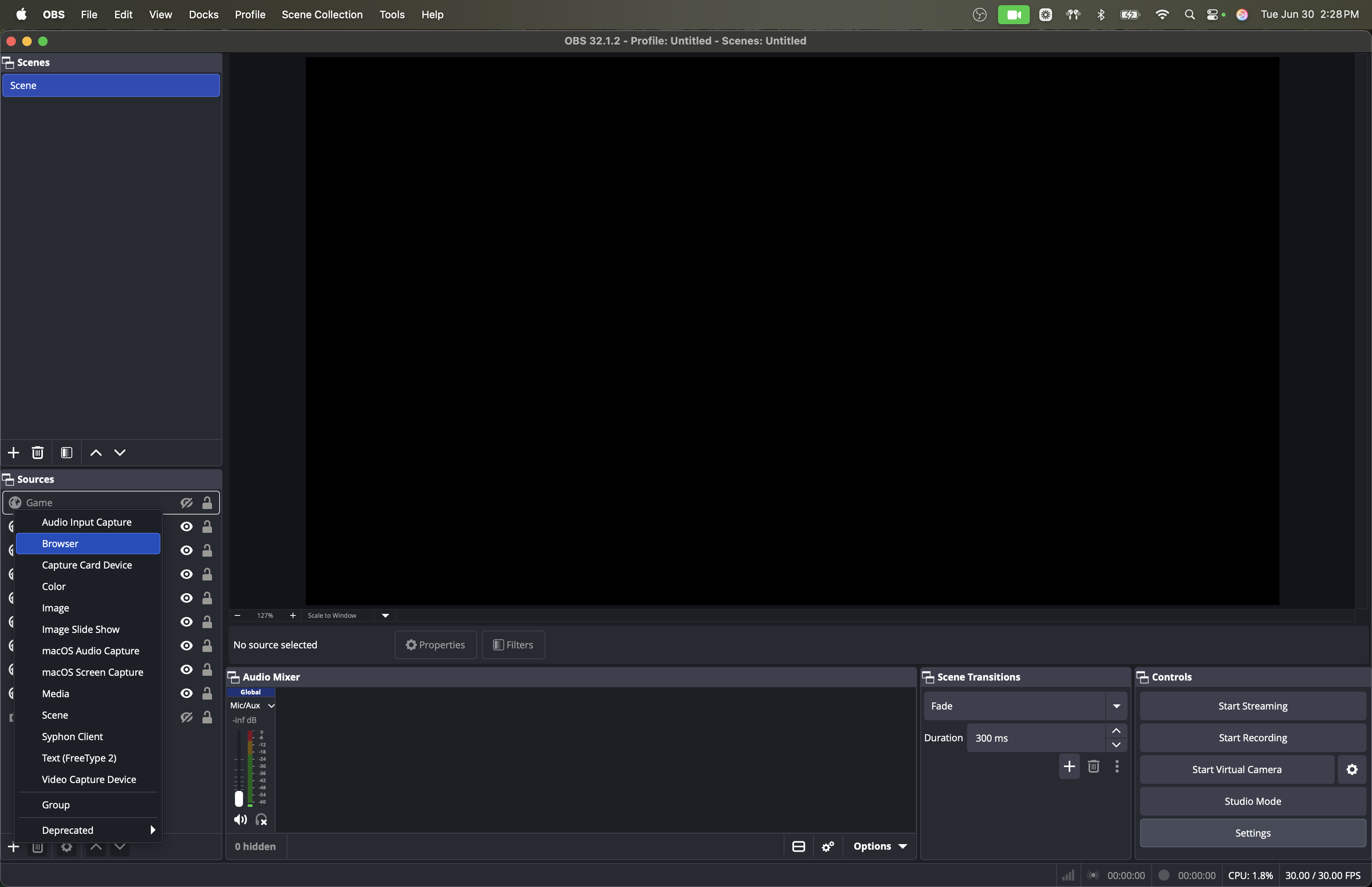 OBS Sources panel showing the + dropdown menu