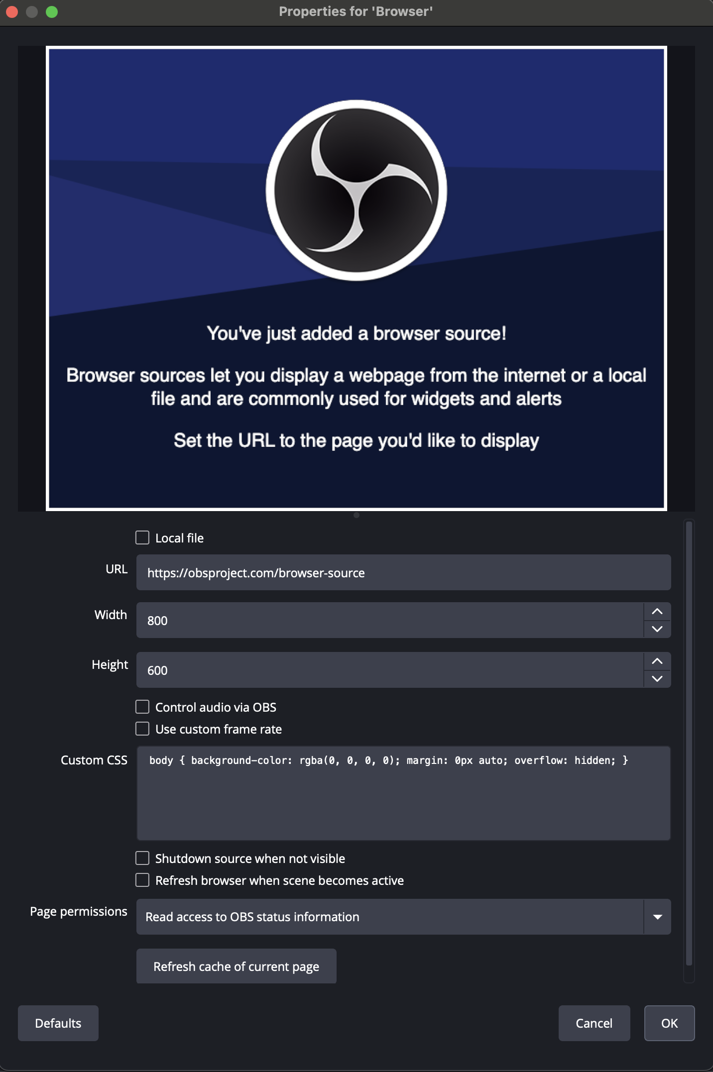 OBS Browser Source properties dialog with URL field