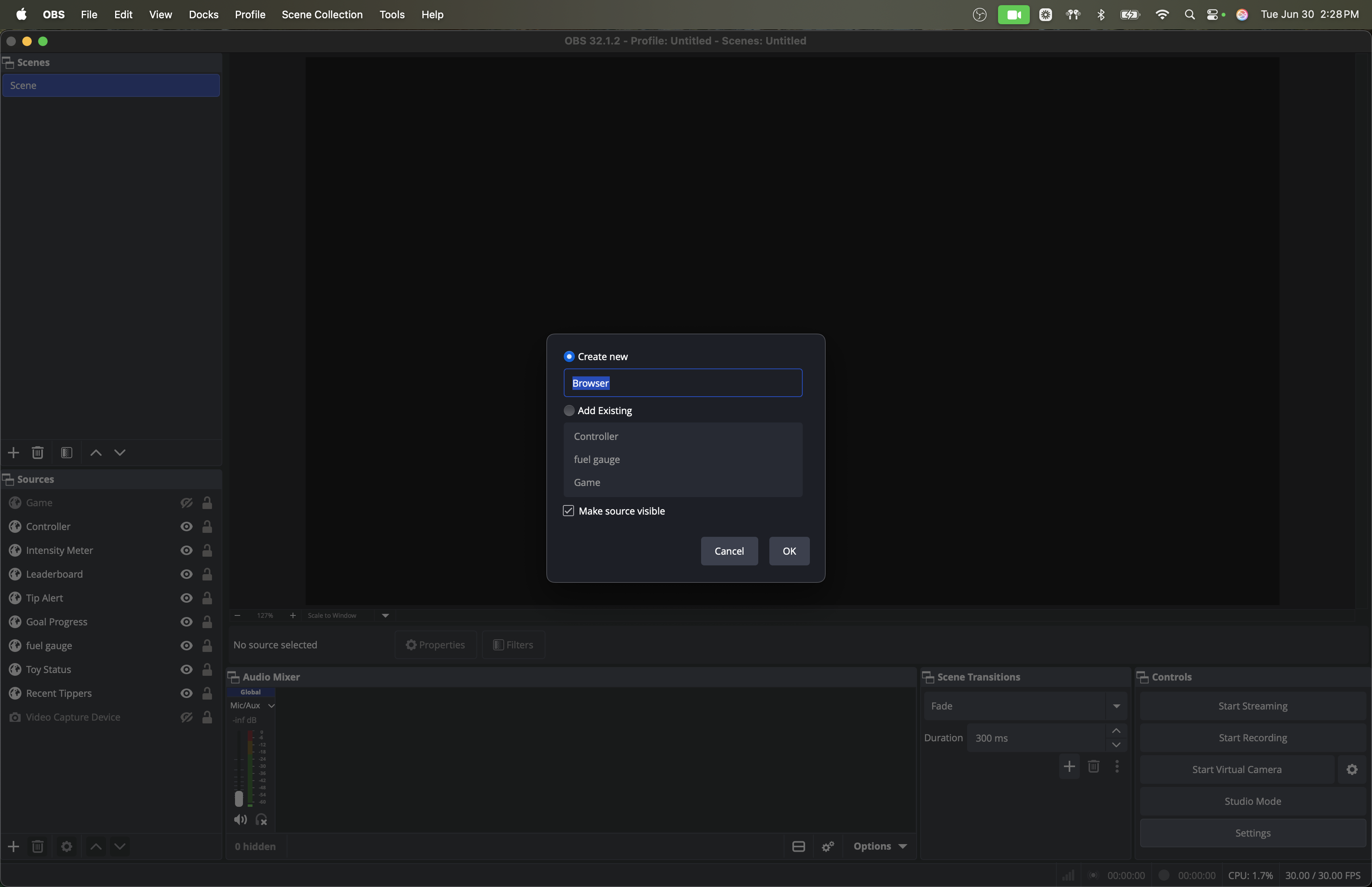 OBS Create new source name dialog
