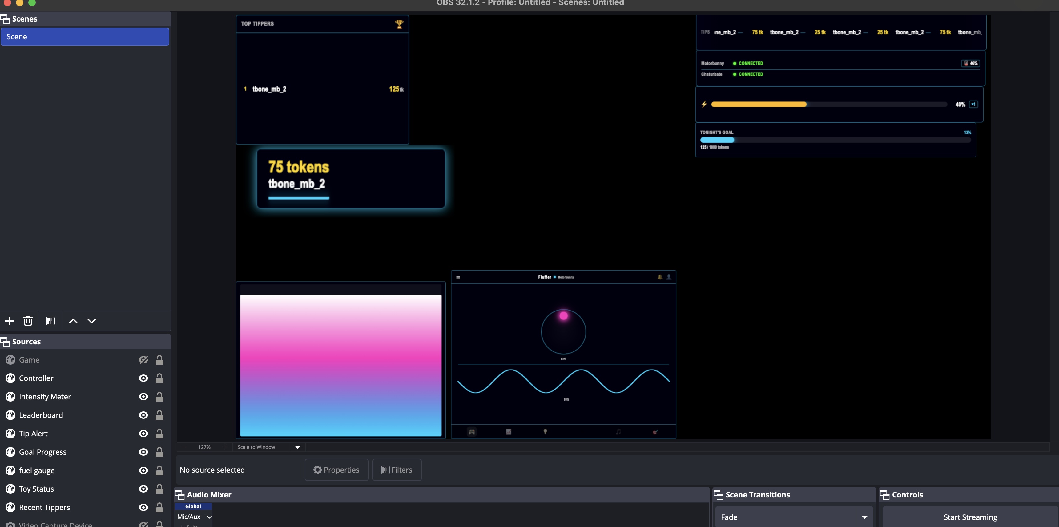 OBS Sources panel with all Fluffer widgets added