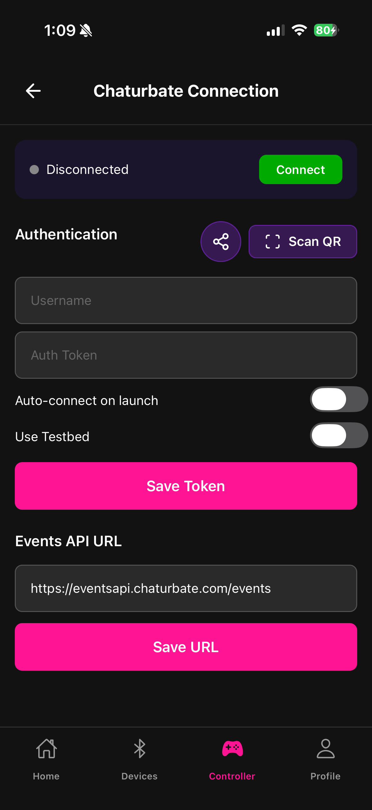 Fluffer app Chaturbate connection screen