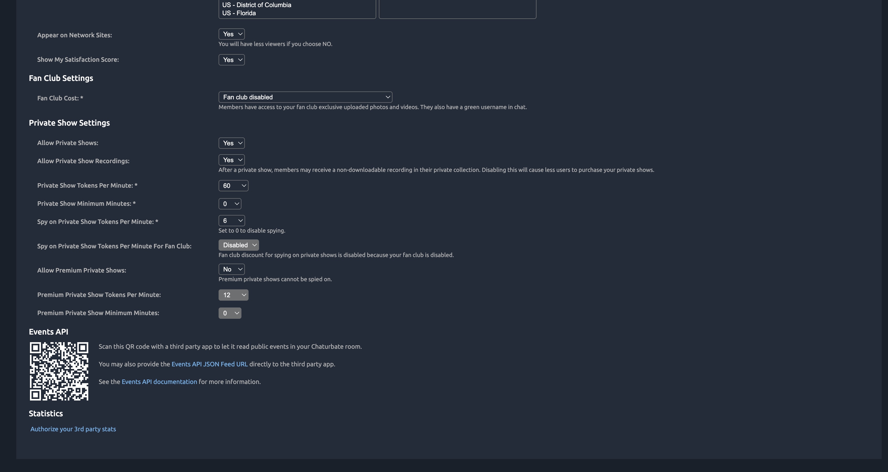 Chaturbate broadcaster dashboard showing Events API URL location