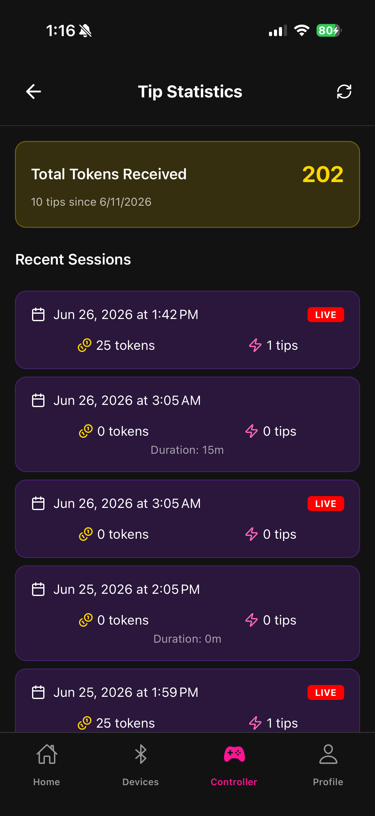Tip4Fuel analytics screen showing session history