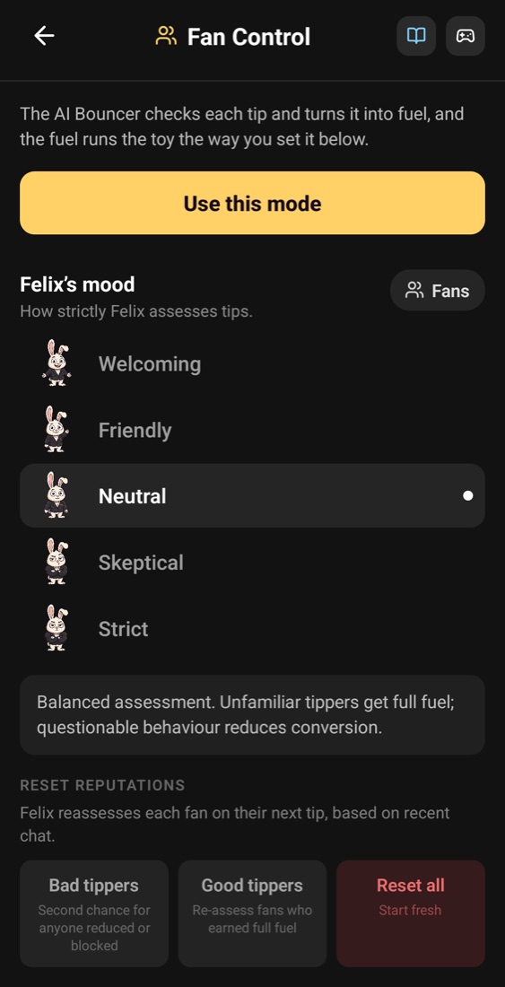 Fan Control settings with Felix’s five moods, from Welcoming to Strict