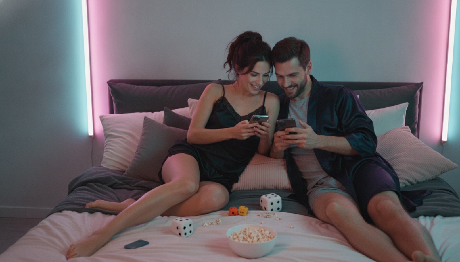 A couple in silk loungewear on a neon-lit bed playing phone games with dice and popcorn