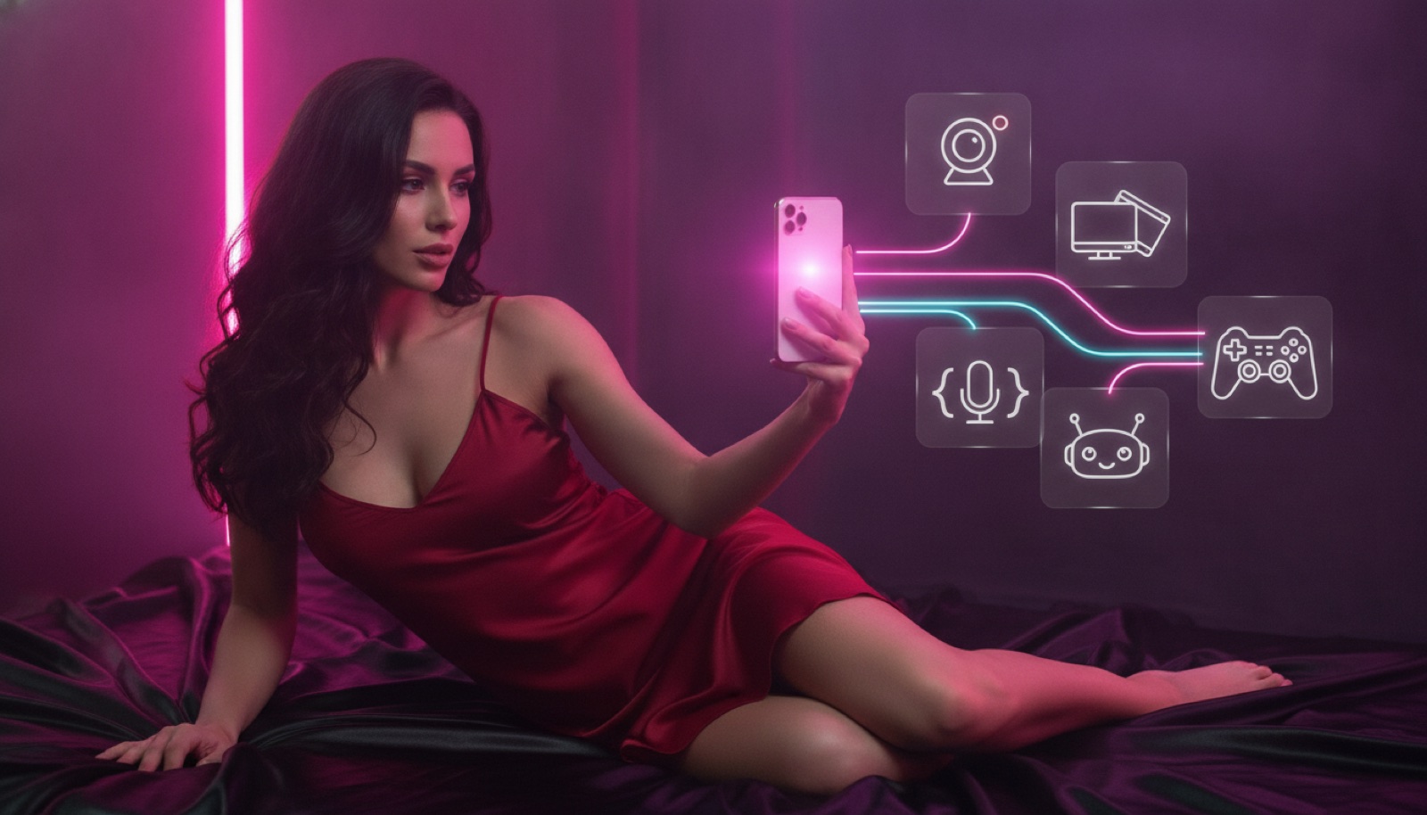 A woman in a red silk slip dress on a satin bed holding up her glowing phone, linked by neon trails to icons for a live cam, OBS overlays, code, voice, an AI agent and a game controller