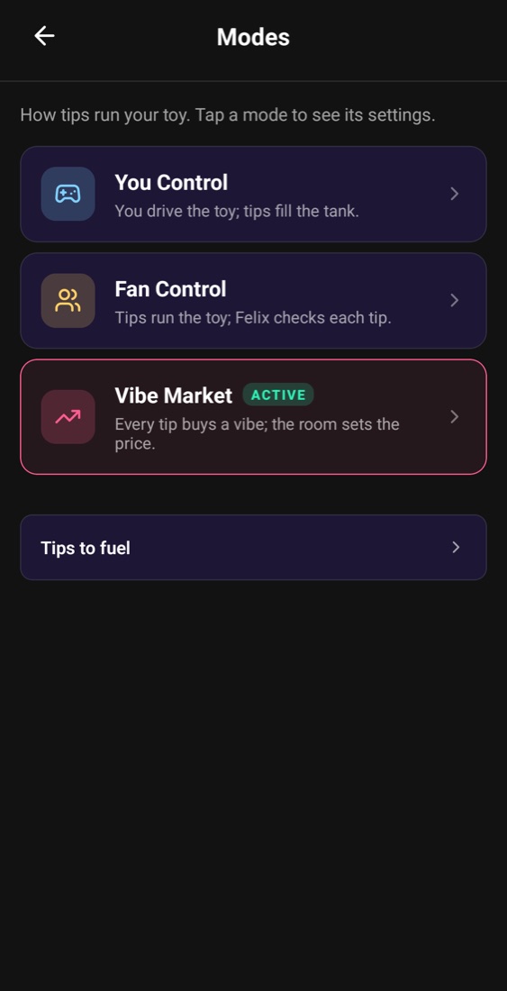 The three Tip4Fuel modes: You Control, Fan Control and Vibe Market