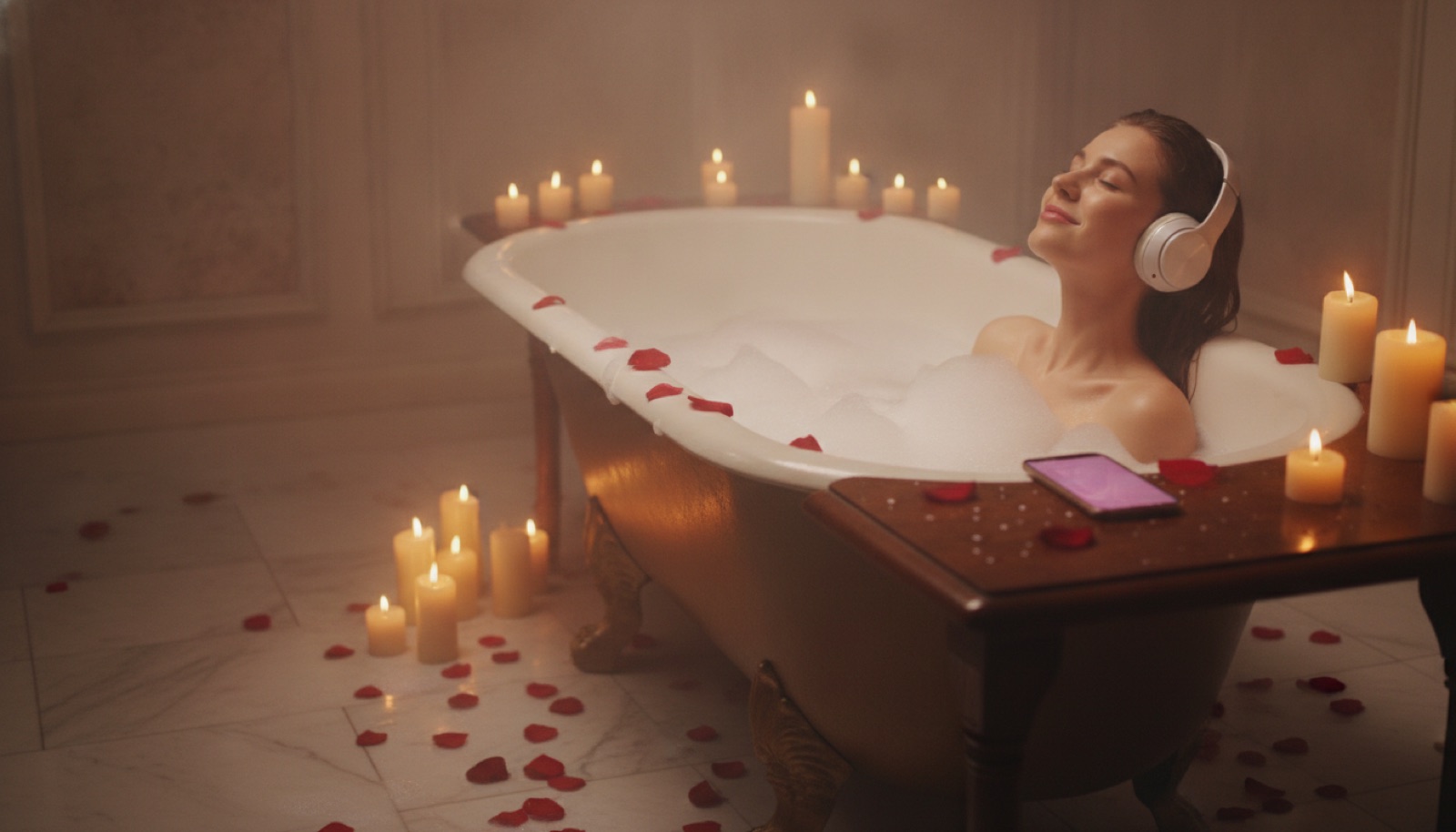 A woman relaxing in a candlelit bubble bath with headphones and a phone beside her