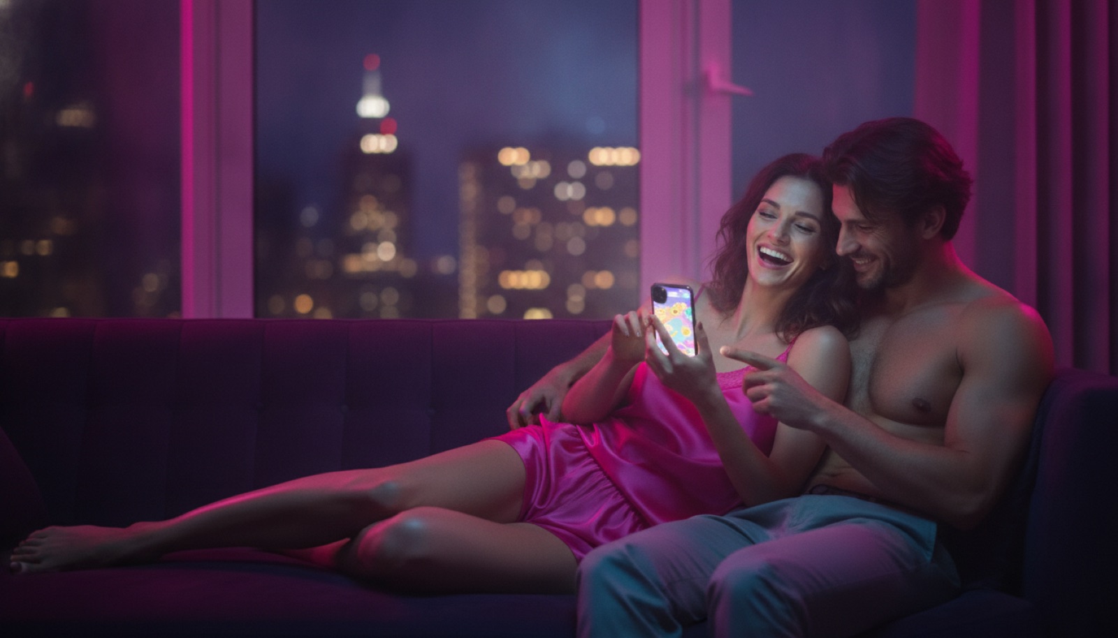 A laughing couple on a velvet sofa at night playing a Fluffer game on a phone