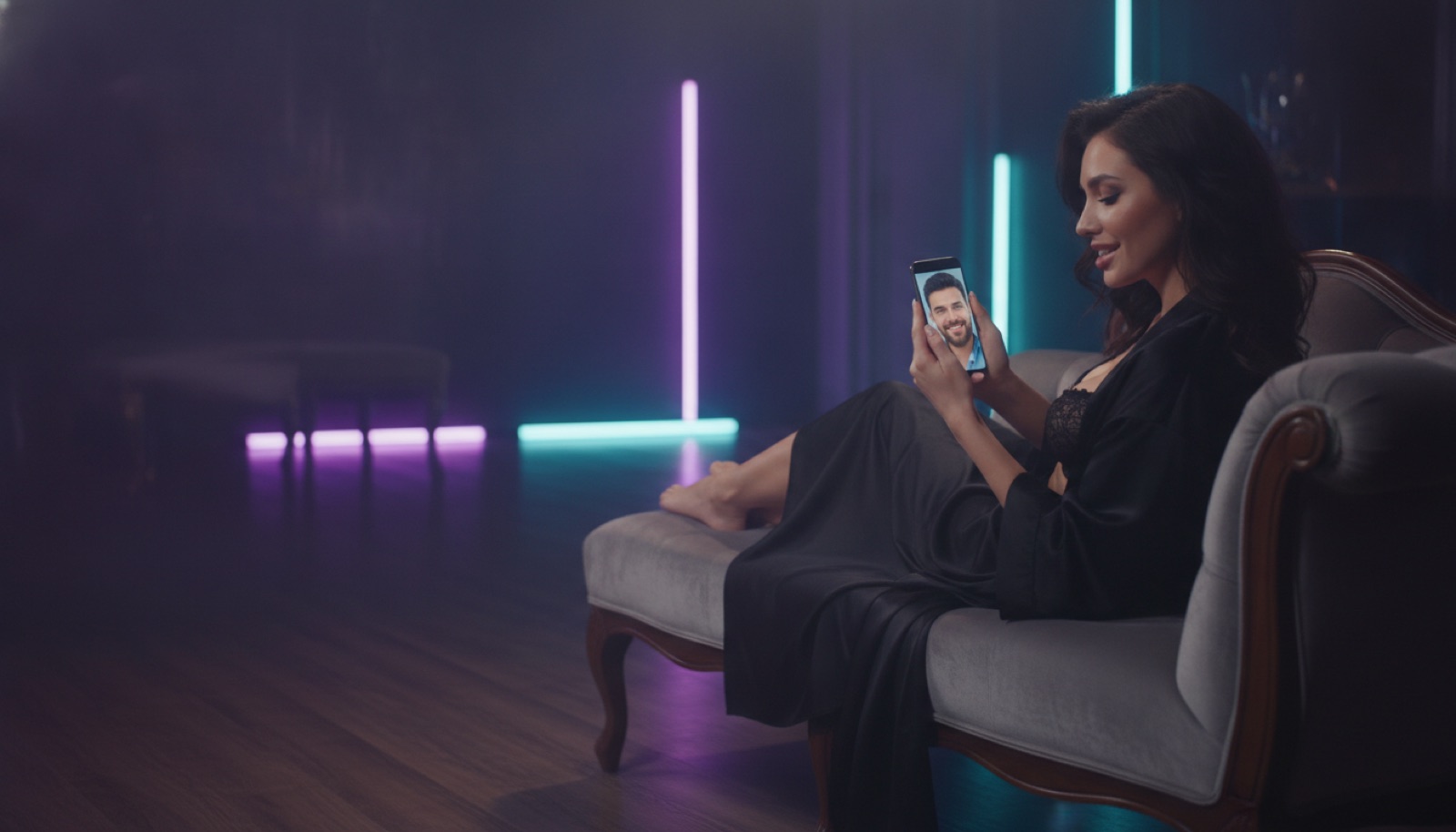 A woman in a black silk robe on a lounge chair, video-calling her partner