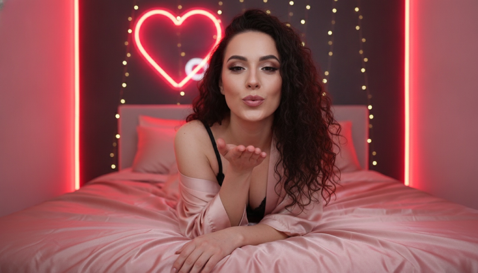 A cam model in a black lace bralette and pink silk robe blowing a kiss to her webcam from a satin bed under a neon heart