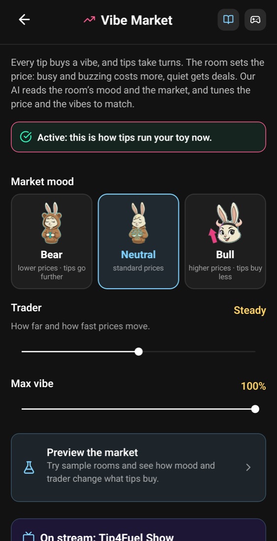 Vibe Market settings: market mood, trader and max vibe